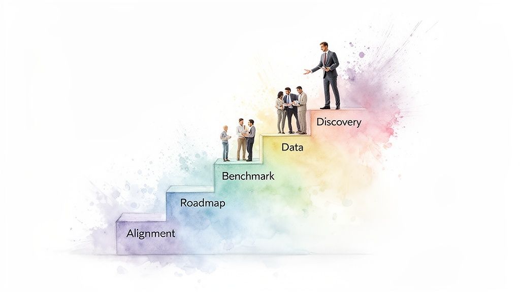Five-step business process with people: Alignment, Roadmap, Benchmark, Data, and Discovery on a colorful staircase.