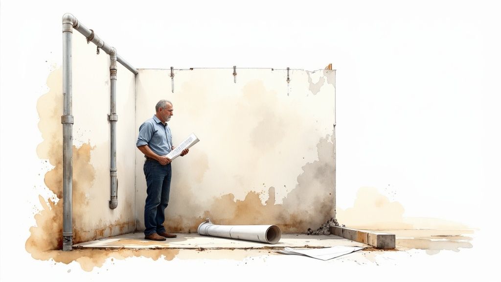 A man with a beard inspects plans in a room with exposed pipes and water damage.