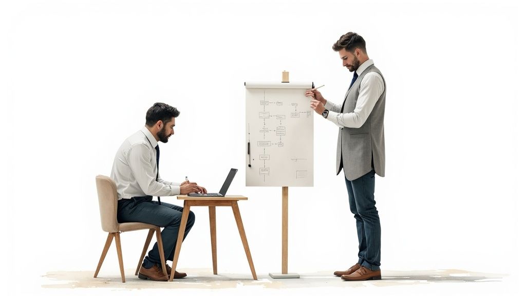 Custom Enterprise Software Development - Two business professionals collaborating on software development project with flowchart presentation and laptop