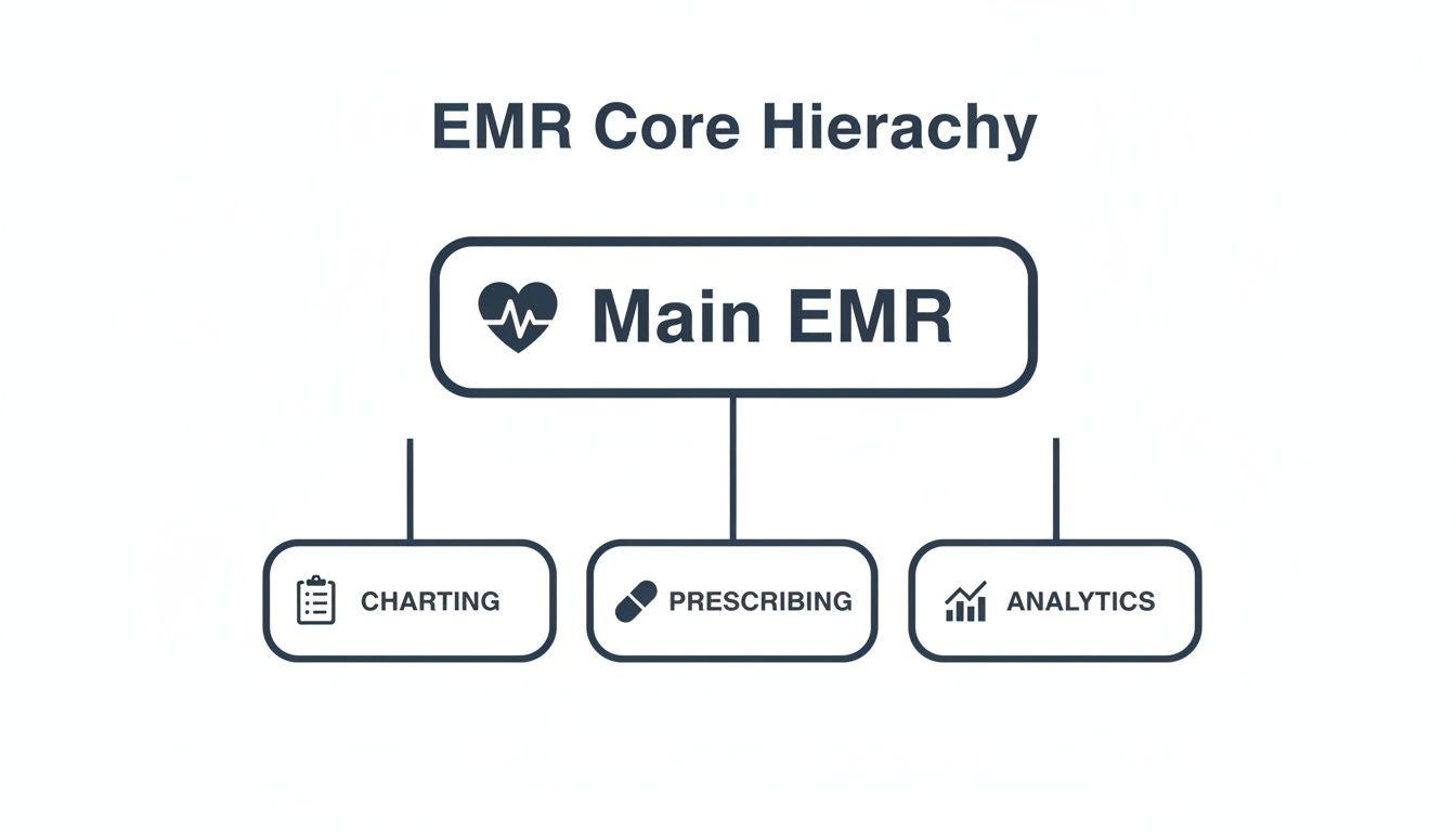 Hierarchy diagram showing Main EMR's core components: Charting, Prescribing, and Analytics.