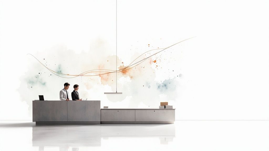 AI in Retail and Ecommerce: A Guide to Smart Transformation
Two professionals working at a modern reception desk with abstract watercolor art in the background.