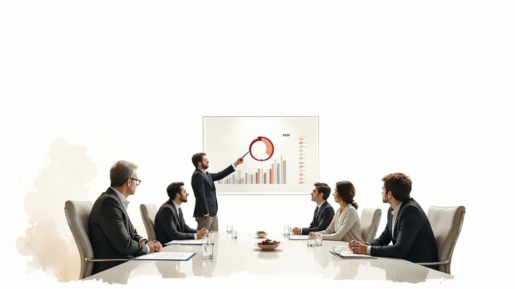 A team of healthcare professionals and data scientists collaborating around a large screen displaying AI analytics and data visualizations.