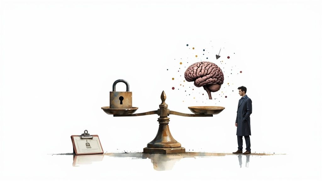 A team of medical professionals and data scientists collaborating around a digital interface showing complex data visualizations.