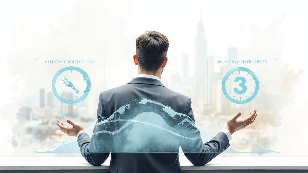 A businesswoman analyzing futuristic data visualizations on a transparent screen.