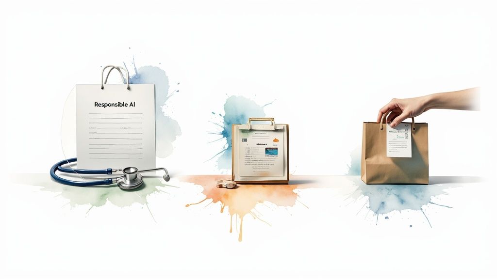 Conceptual image showing Responsible AI implementation journey with medical, documentation, and delivery elements.