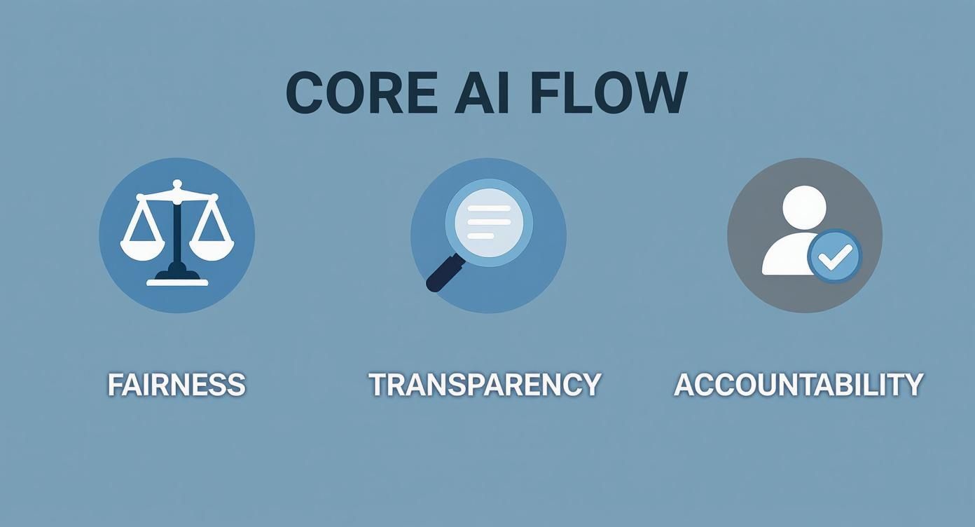 An image illustrating the core AI flow with three key principles: Fairness, Transparency, and Accountability.