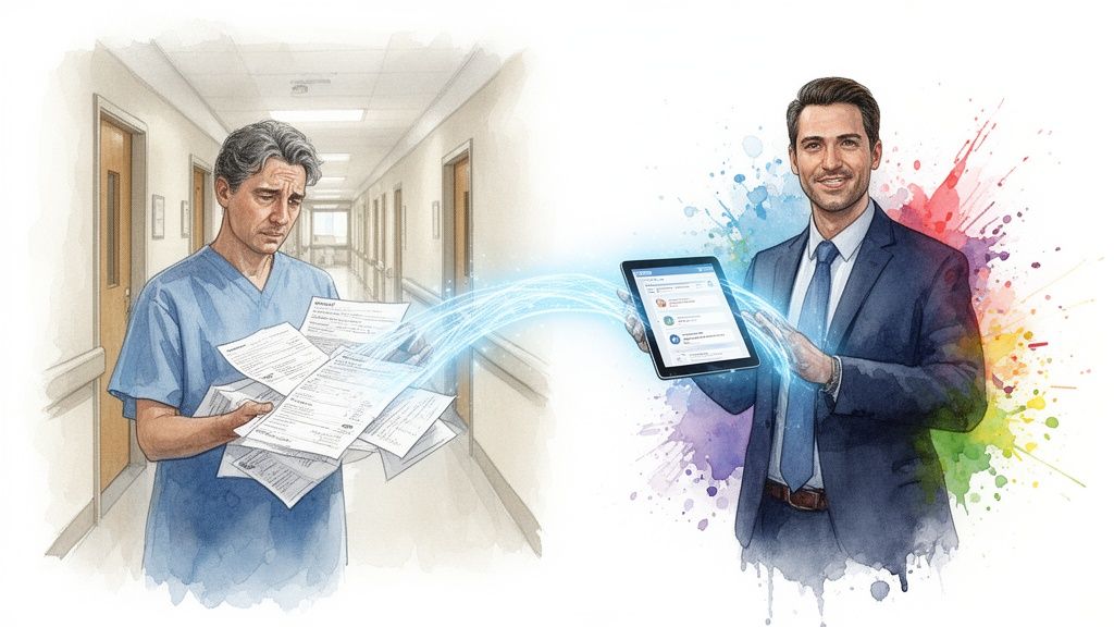 A stressed doctor handles paper documents, while a businessman smiles holding a tablet with data flowing between them.