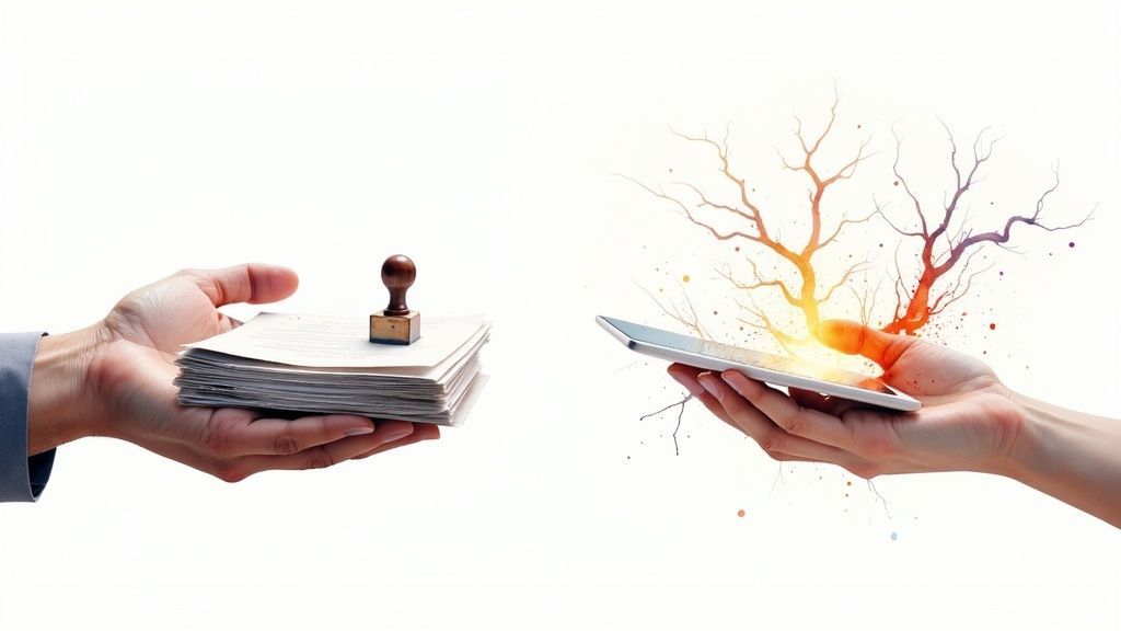 AI Integration in Insurance - A hand holding a stack of papers with a stamp next to another hand holding a tablet emitting glowing digital tree branches, symbolizing transformation.