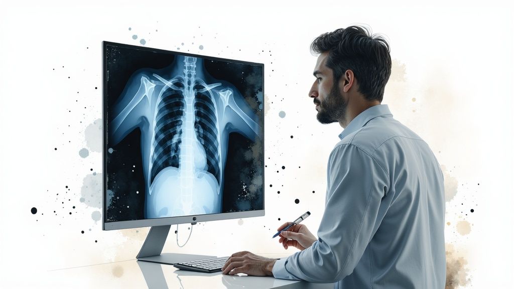 A doctor reviewing a brain scan on a large screen with AI overlays highlighting specific areas.