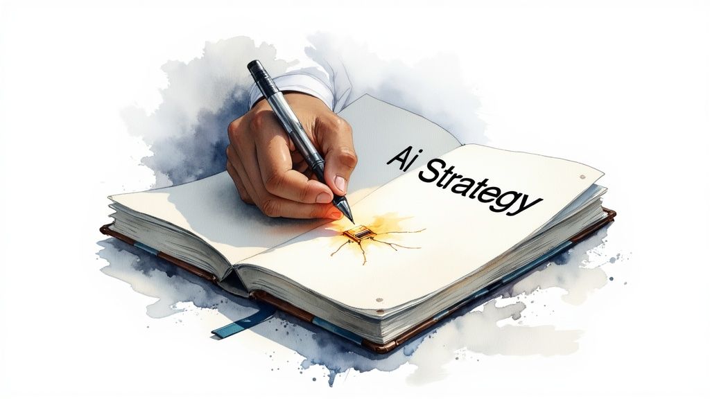 Your Practical Guide to AI Adoption That Drives Real ROI - A hand writes 'Ai Strategy' in a watercolor-style notebook with a glowing circuit chip.