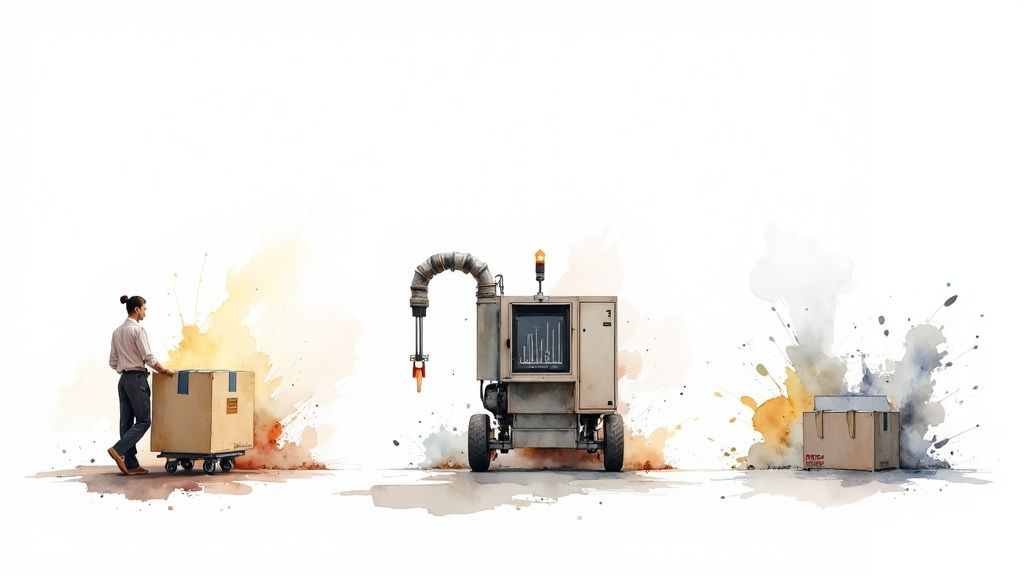 A person pushes a box on wheels near a robot with an arm, and another box, surrounded by watercolor splatters.