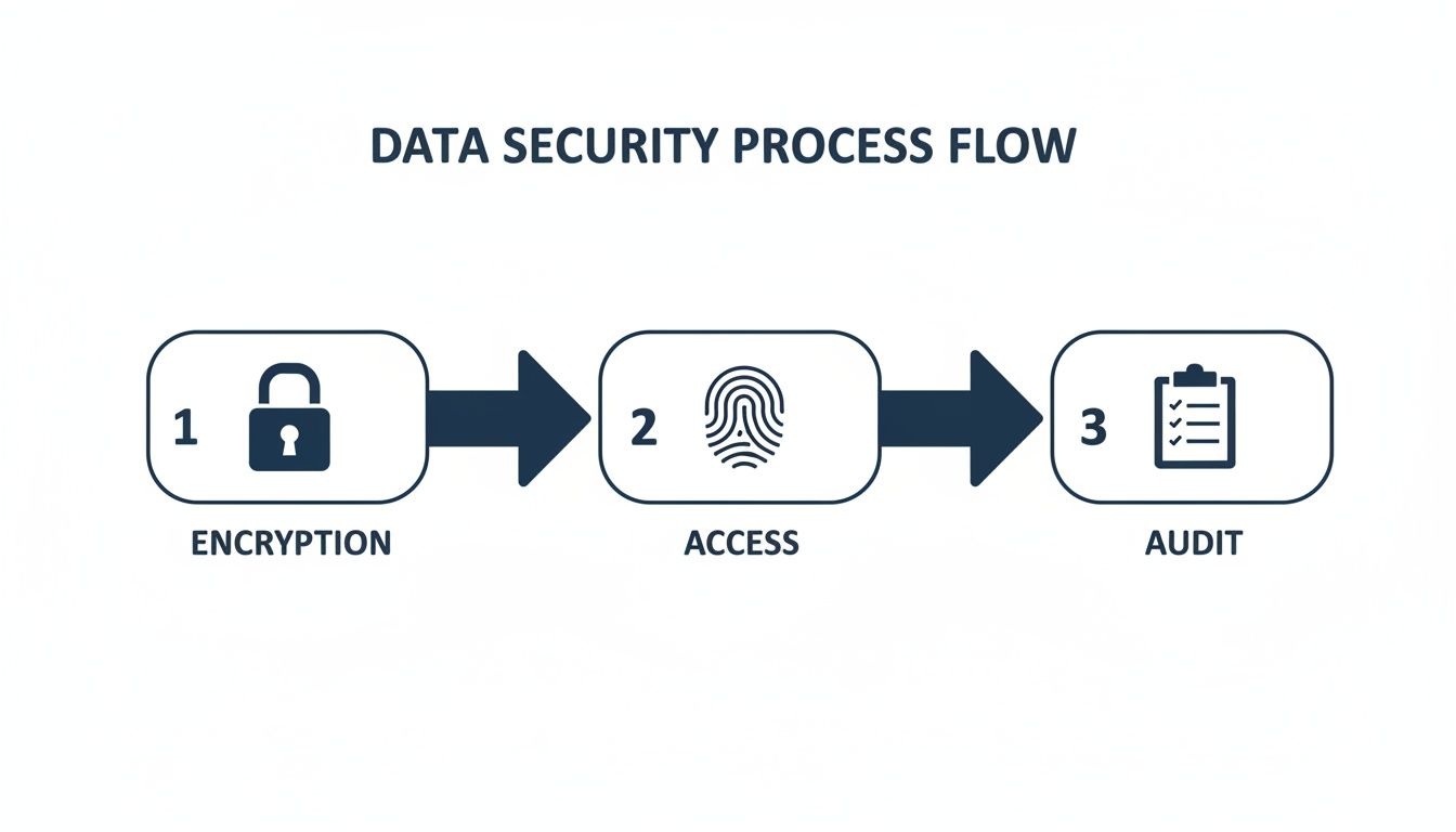 A data security process flow diagram showing encryption, access, and audit steps with corresponding icons.