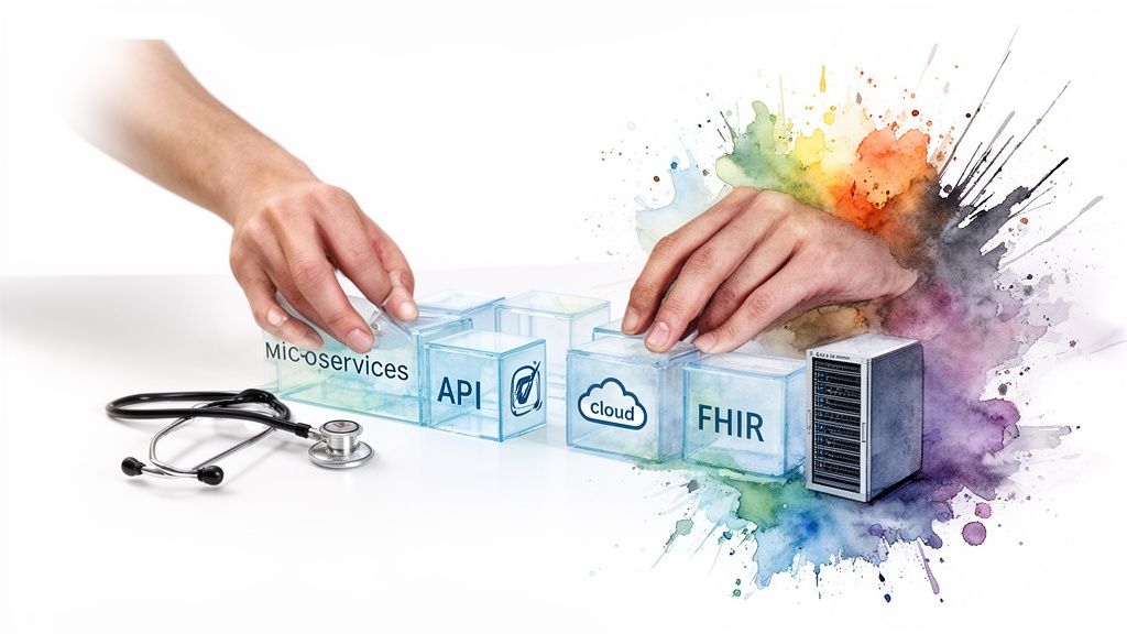 Hands arranging transparent blocks labeled Microservices, API, cloud, and FHIR with a server and stethoscope.
