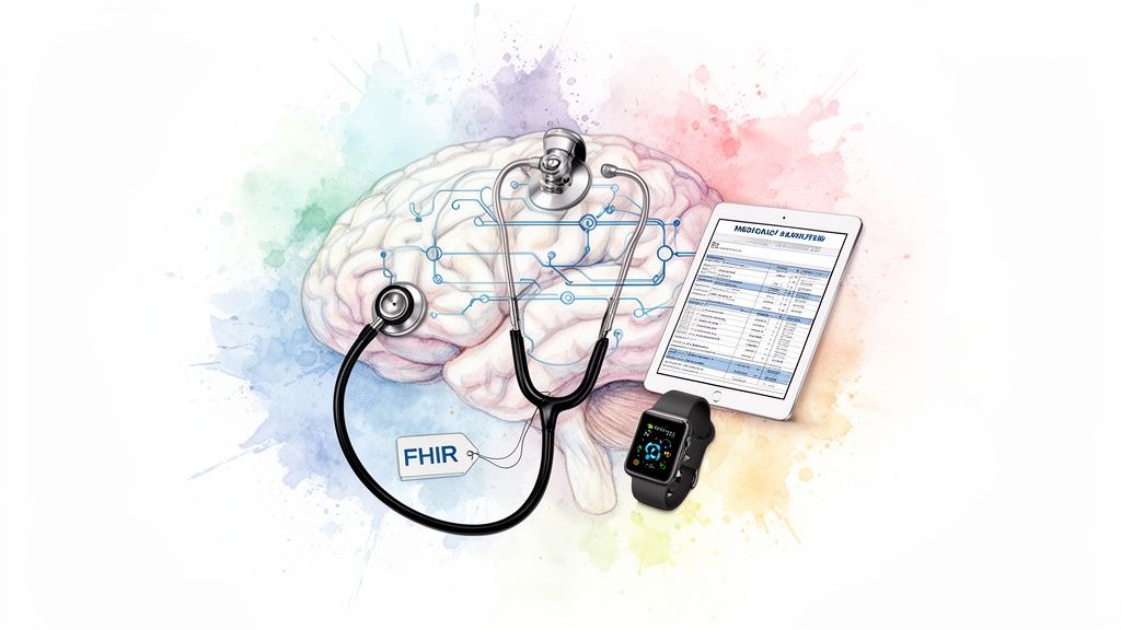 An artistic rendering of a brain with integrated circuits, a stethoscope, digital health devices, and a 'FHIR' tag.