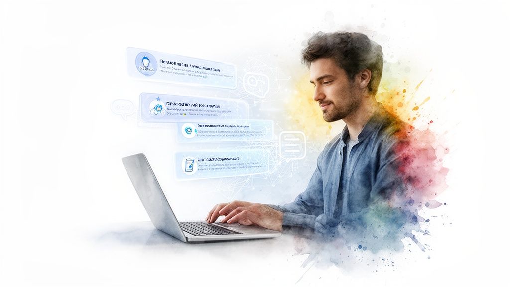 Man working on a laptop with abstract digital elements, representing online communication and web development.