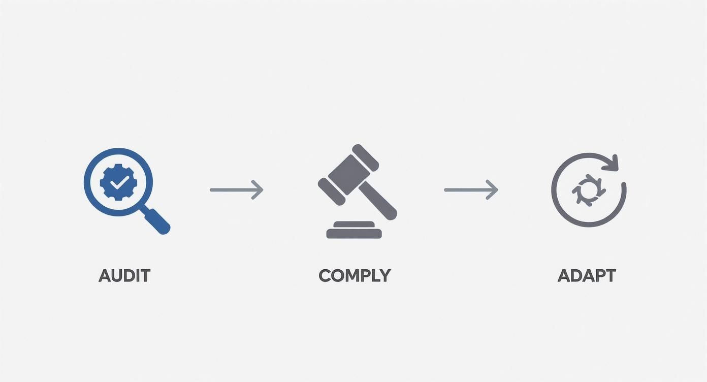A diagram showing a three-step process: Audit (magnifying glass), Comply (gavel), and Adapt (refresh icon).