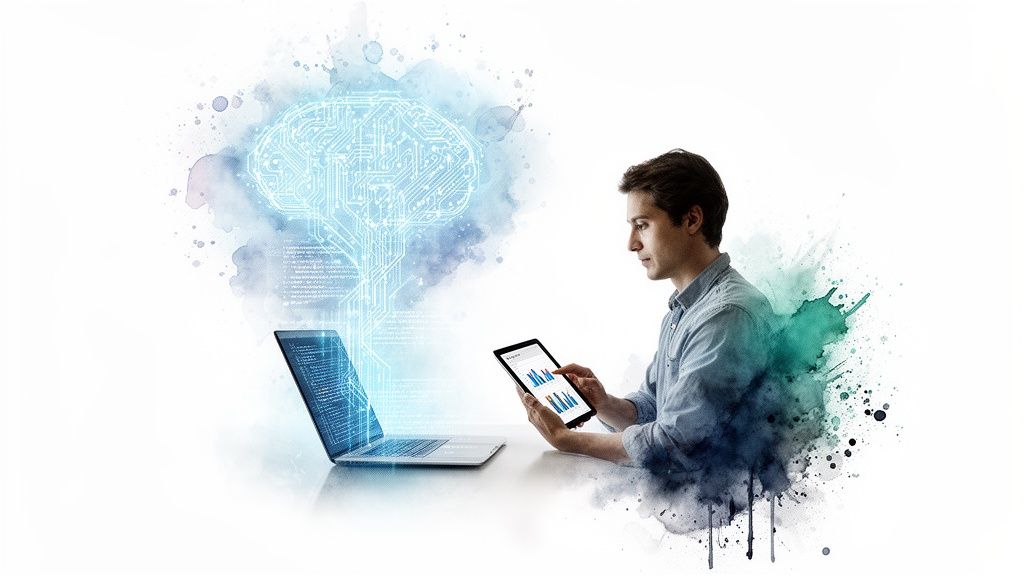 Businessman analyzing data on tablet and laptop with a glowing AI brain graphic.