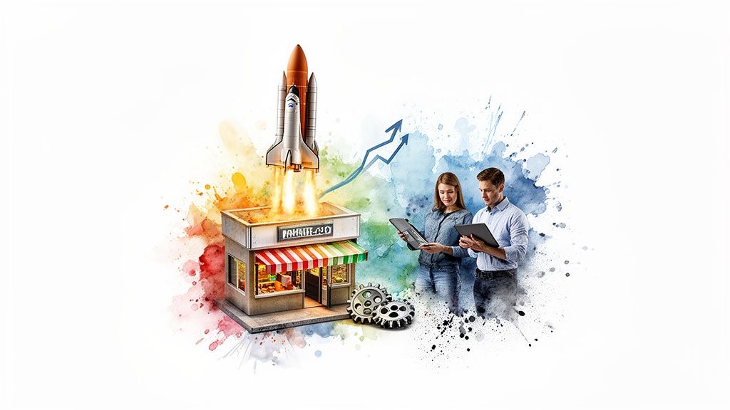 Watercolor illustration of a shop with a rocket launching, two people with tablets, symbolizing business growth.