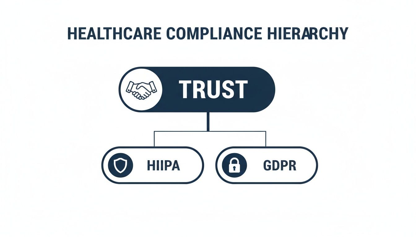 Diagram showing Healthcare Compliance Hierarchy with Trust at top, supported by HIPAA and GDPR.