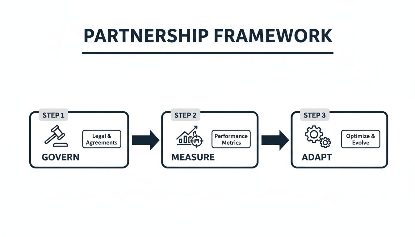 A partnership framework diagram illustrating steps for governing, measuring, and adapting.