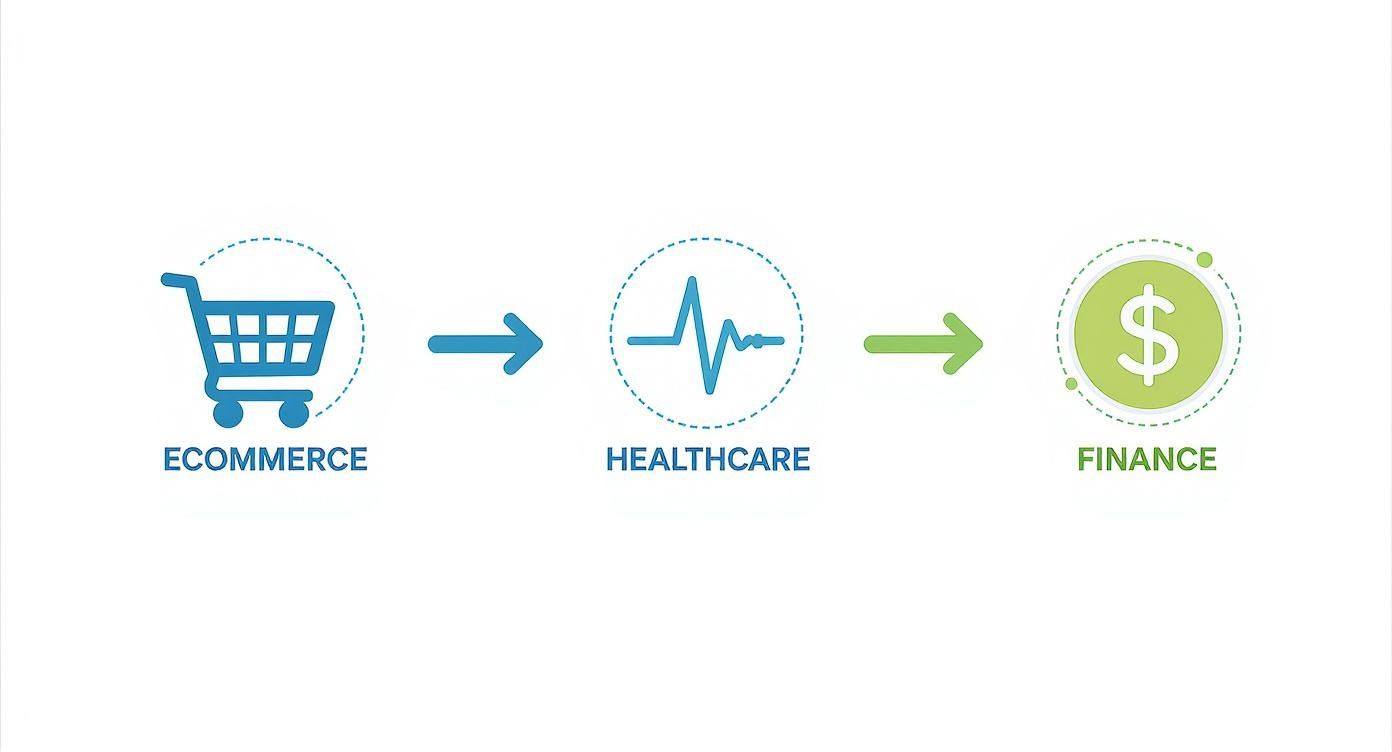 A diagram illustrating the flow from E-commerce, to Healthcare, and finally to Finance.