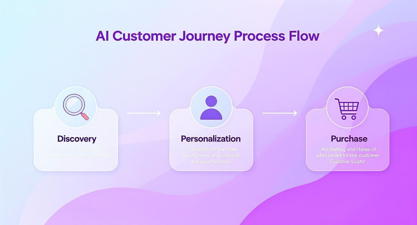 AI customer journey process flow diagram showing discovery, personalization, and purchase stages in purple gradient