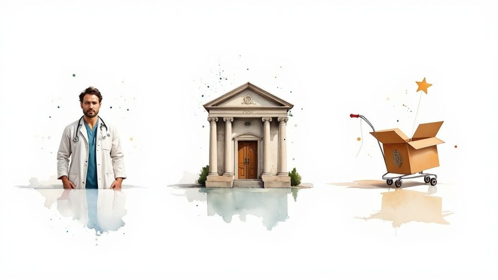 Illustrative image of a doctor, a classical building, and a shopping cart, symbolizing healthcare, finance, and retail.