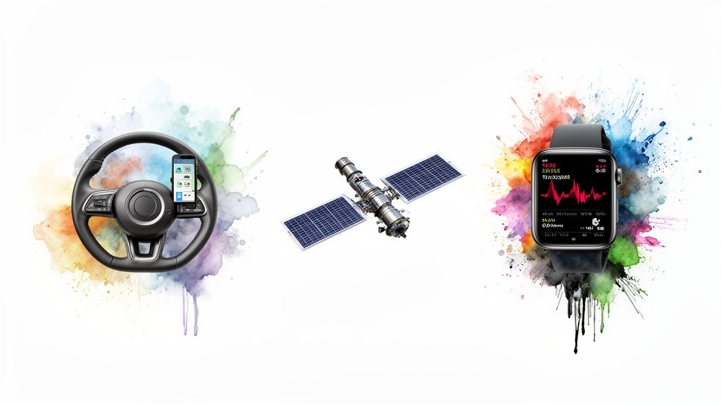 Digital connectivity shown by a steering wheel with phone, a satellite, and a health monitoring smartwatch.