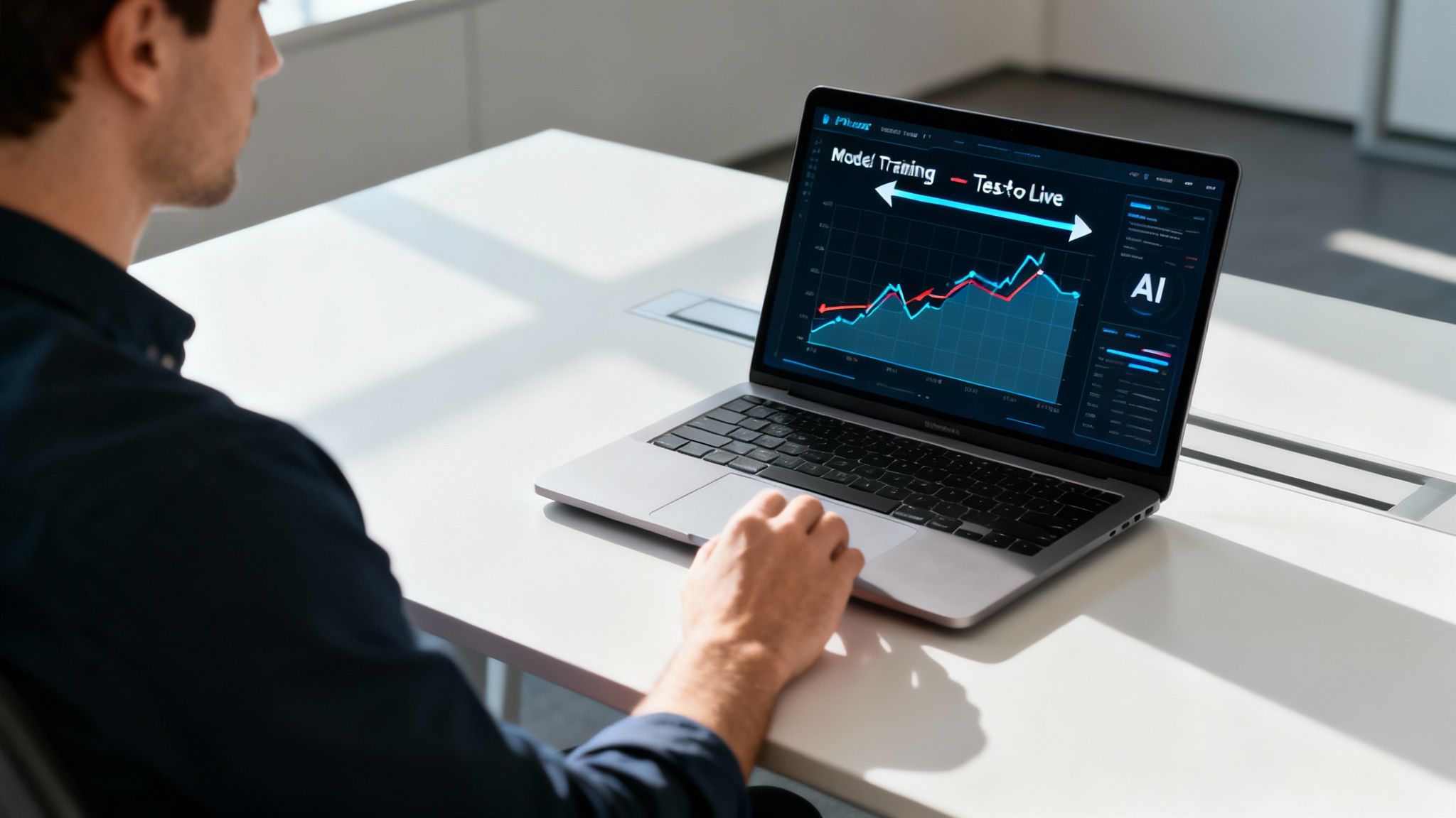 A team of engineers and business managers observing a real-time data dashboard showing the successful results of an AI pilot project.