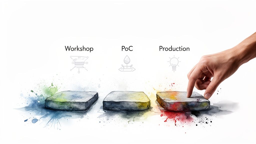 A hand interacts with a watercolor block representing production, part of a three-stage development process.