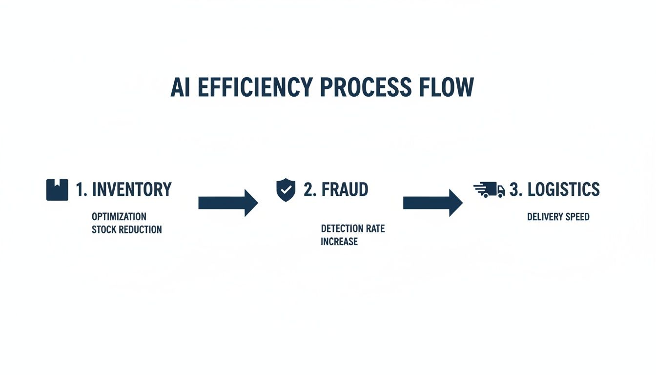 Flowchart illustrating AI's role in optimizing inventory, increasing fraud detection, and enhancing logistics delivery speed.