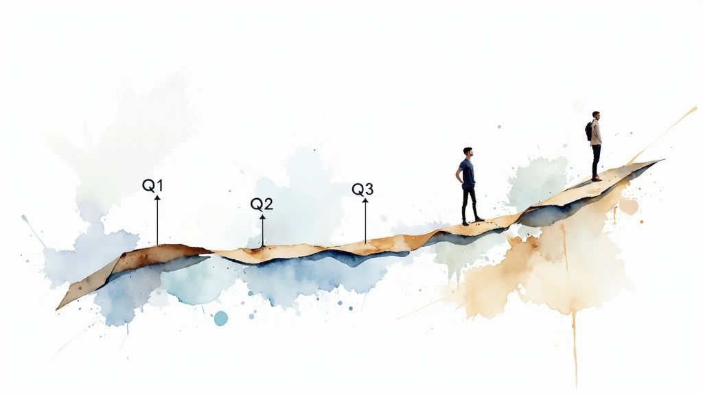 A watercolor illustration of a rising path with Q1, Q2, Q3 markers, and two men walking along it, symbolizing progress.