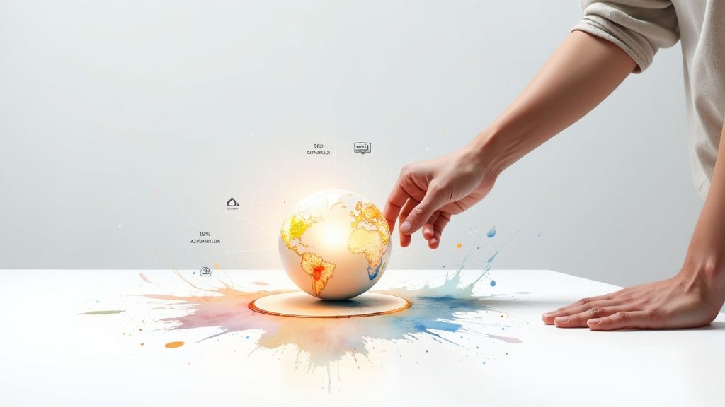 A person's hands interact with a glowing digital globe surrounded by data icons and colorful splatters.