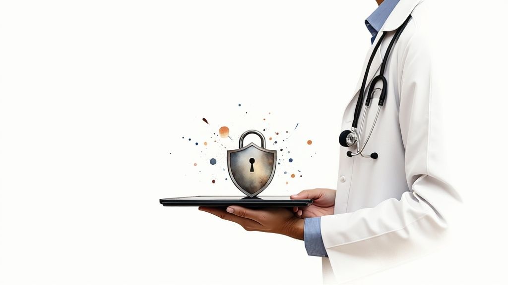 A doctor holds a tablet displaying a shield padlock icon, symbolizing healthcare data security and protection.