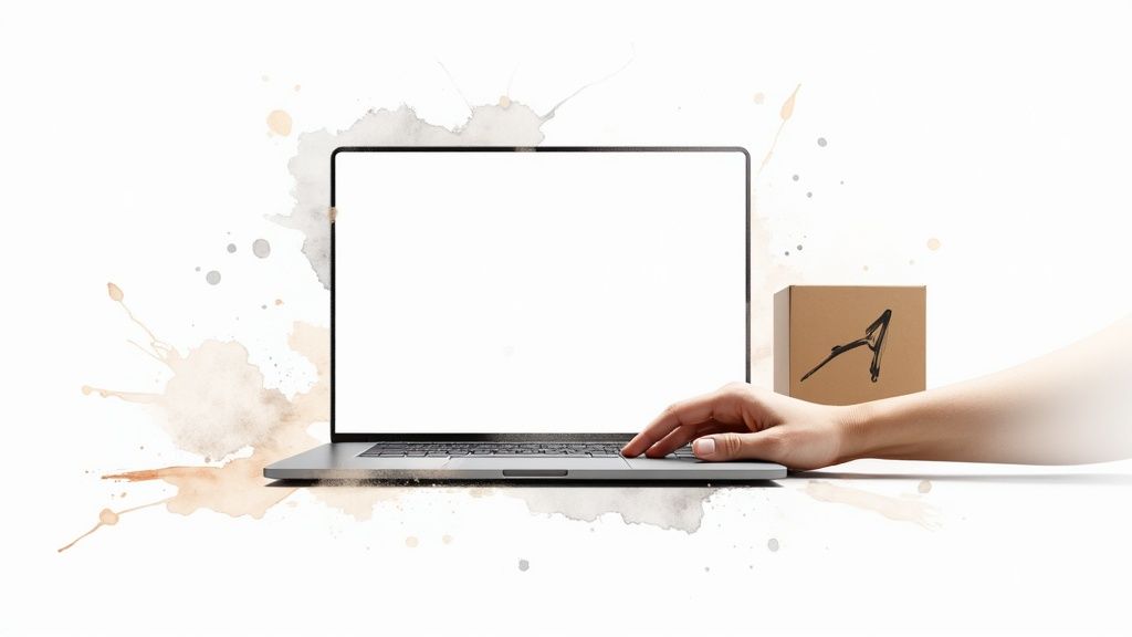 Ecommerce and AI - Hand using a laptop with a blank screen, next to a small cardboard box for online purchase.