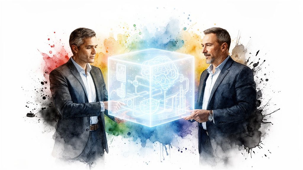 Two businessmen collaborate, holding a glowing cube with AI concepts, against a colorful watercolor backdrop.