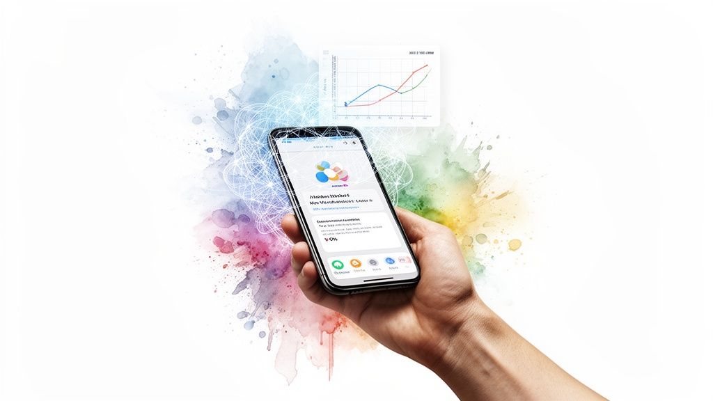 Hand holding a smartphone displaying a health app and a floating data graph amidst colorful splashes.