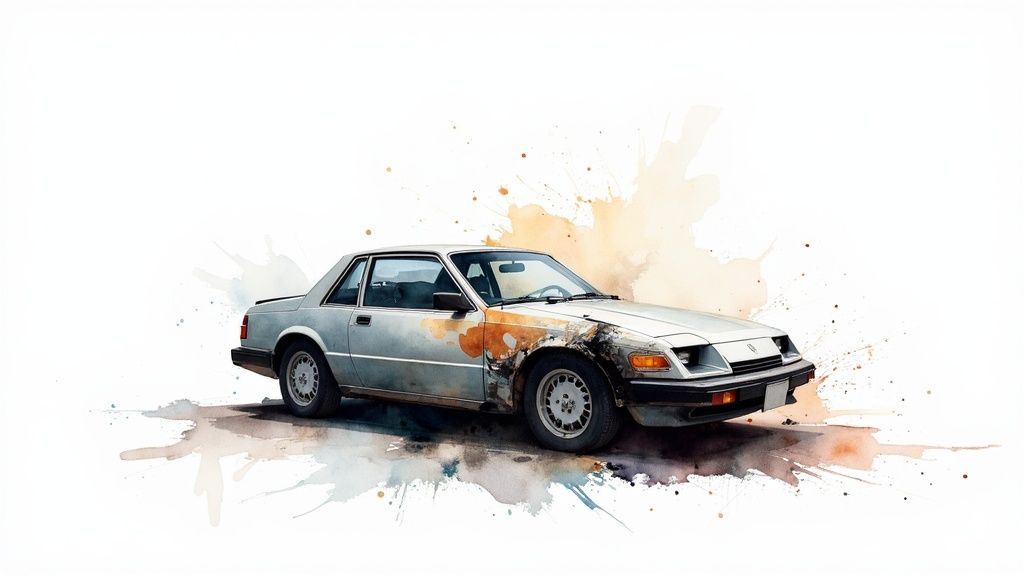 A vintage silver coupe car in a watercolor painting style with rust marks and paint splatters.