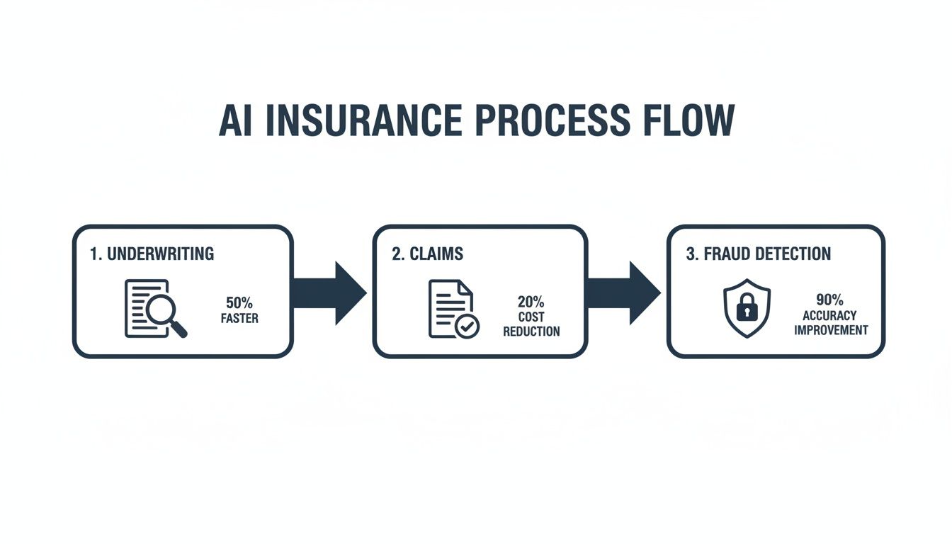 AI insurance process flow detailing improvements in underwriting, claims, and fraud detection.