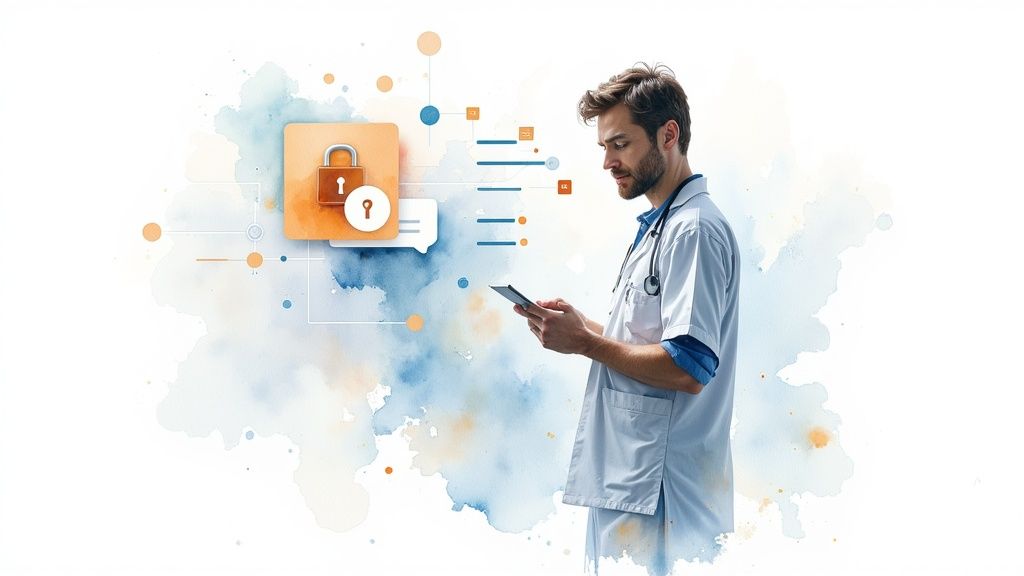 A doctor uses a tablet, with a digital interface showing a locked padlock icon, symbolizing healthcare data security.