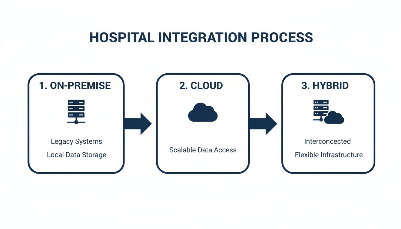 Flowchart illustrating the hospital integration process with steps for on-premise, cloud, and hybrid solutions.
