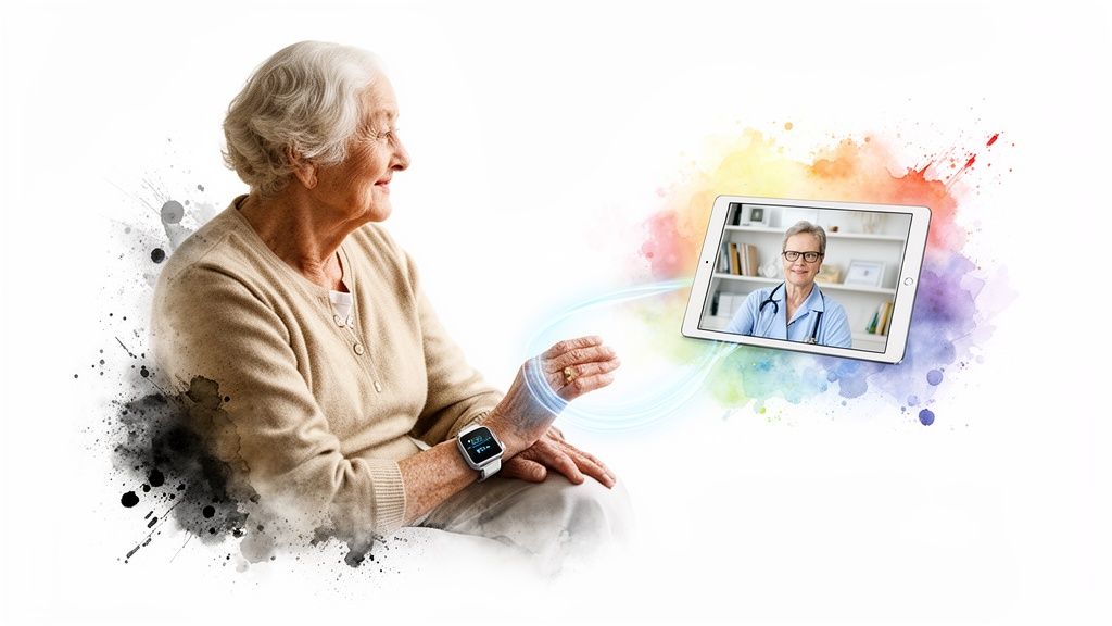 Elderly woman uses smartwatch for remote healthcare consultation with a doctor on a tablet.
