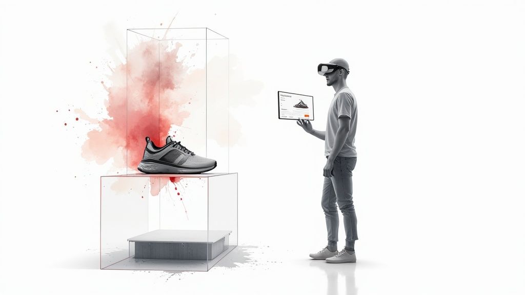 A person wearing a VR headset interacts with a digital tablet showing a sneaker, displayed in a clear box with red splatters.