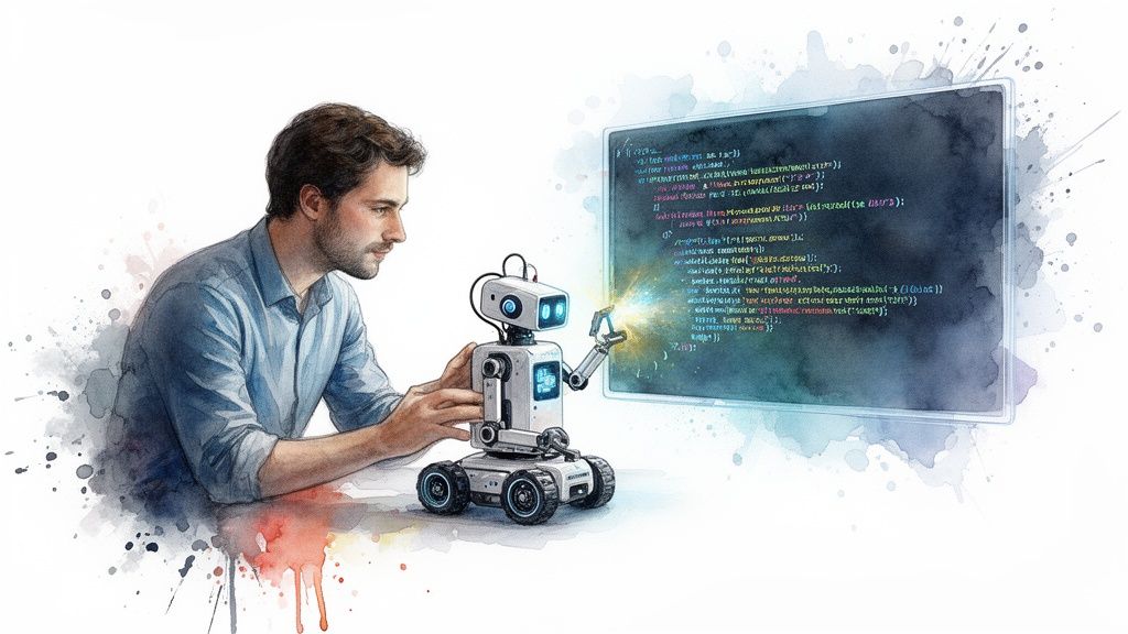Watercolor illustration of a man interacting with a robot, displaying glowing code on a screen.