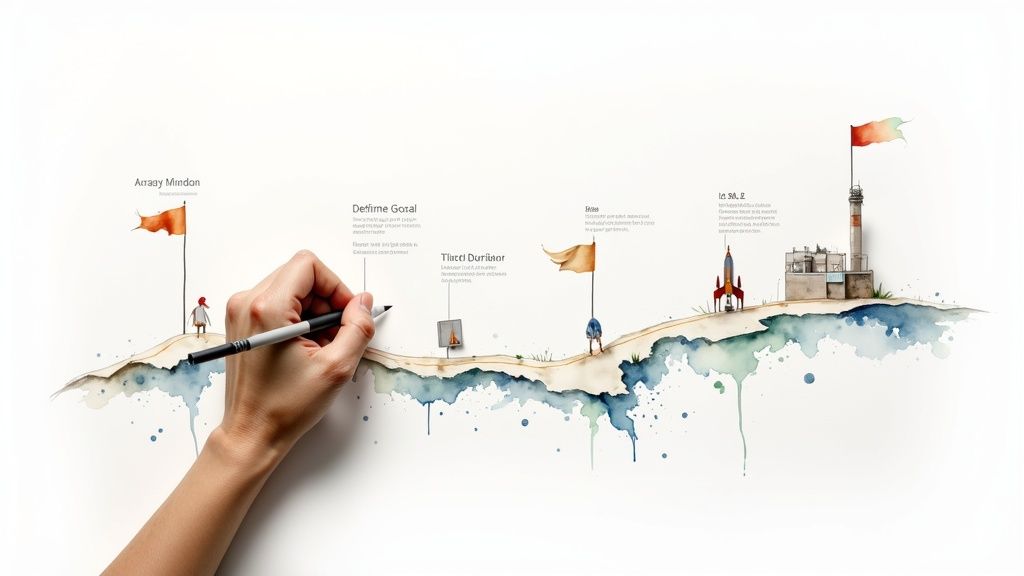 An image depicting a strategic roadmap with AI-related icons, symbolizing the planning process for business AI implementation.