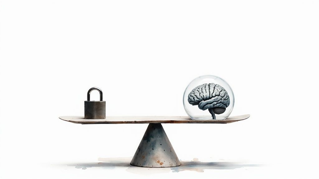 A padlock and a human brain in a sphere balancing on a scale, symbolizing security and intelligence.