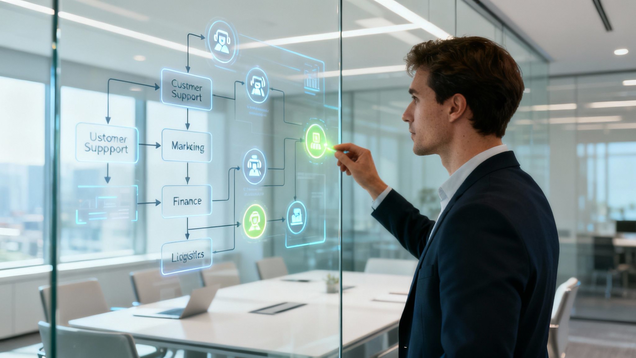 A team of professionals collaborating around a digital whiteboard, identifying and prioritizing AI use cases with sticky notes and flowcharts.