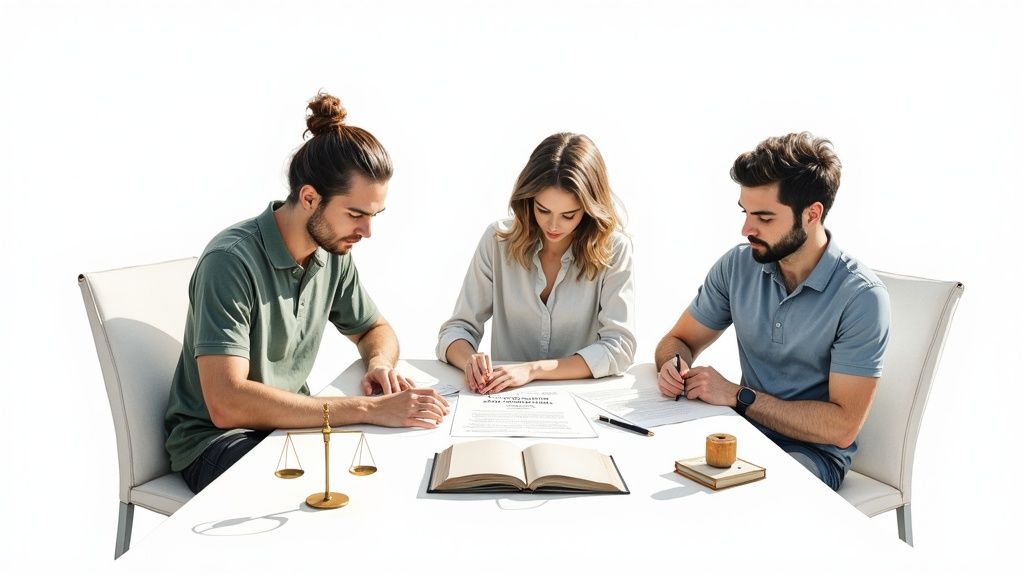 Three individuals review documents at a table with legal scales and books, signifying a serious discussion.
