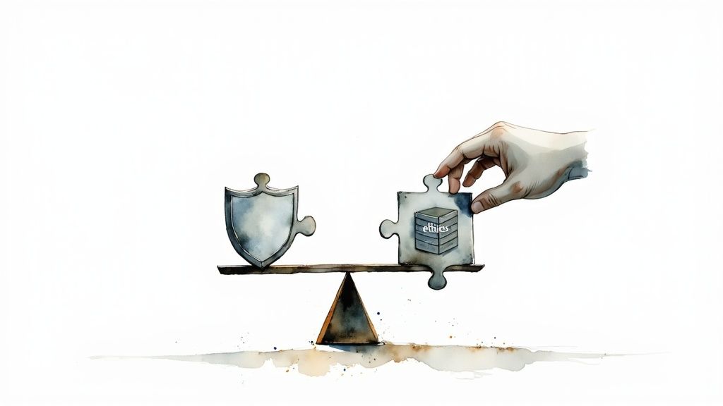 Hand placing ethics book on balance scale weighing against shield representing moral decision-making