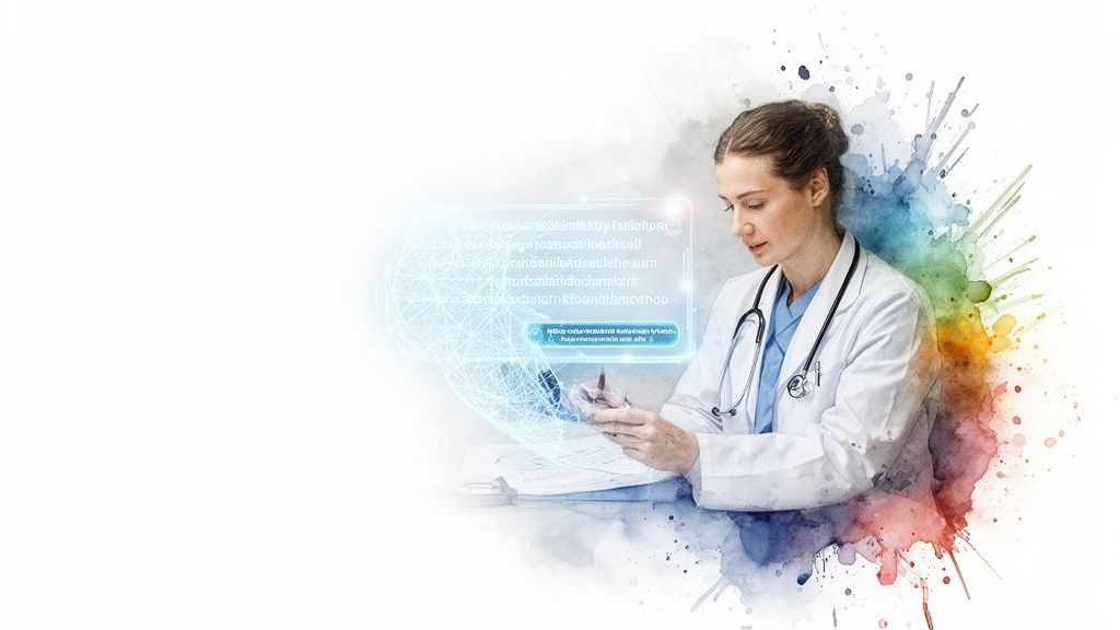 Female doctor in a lab coat and stethoscope interacts with a holographic medical display.